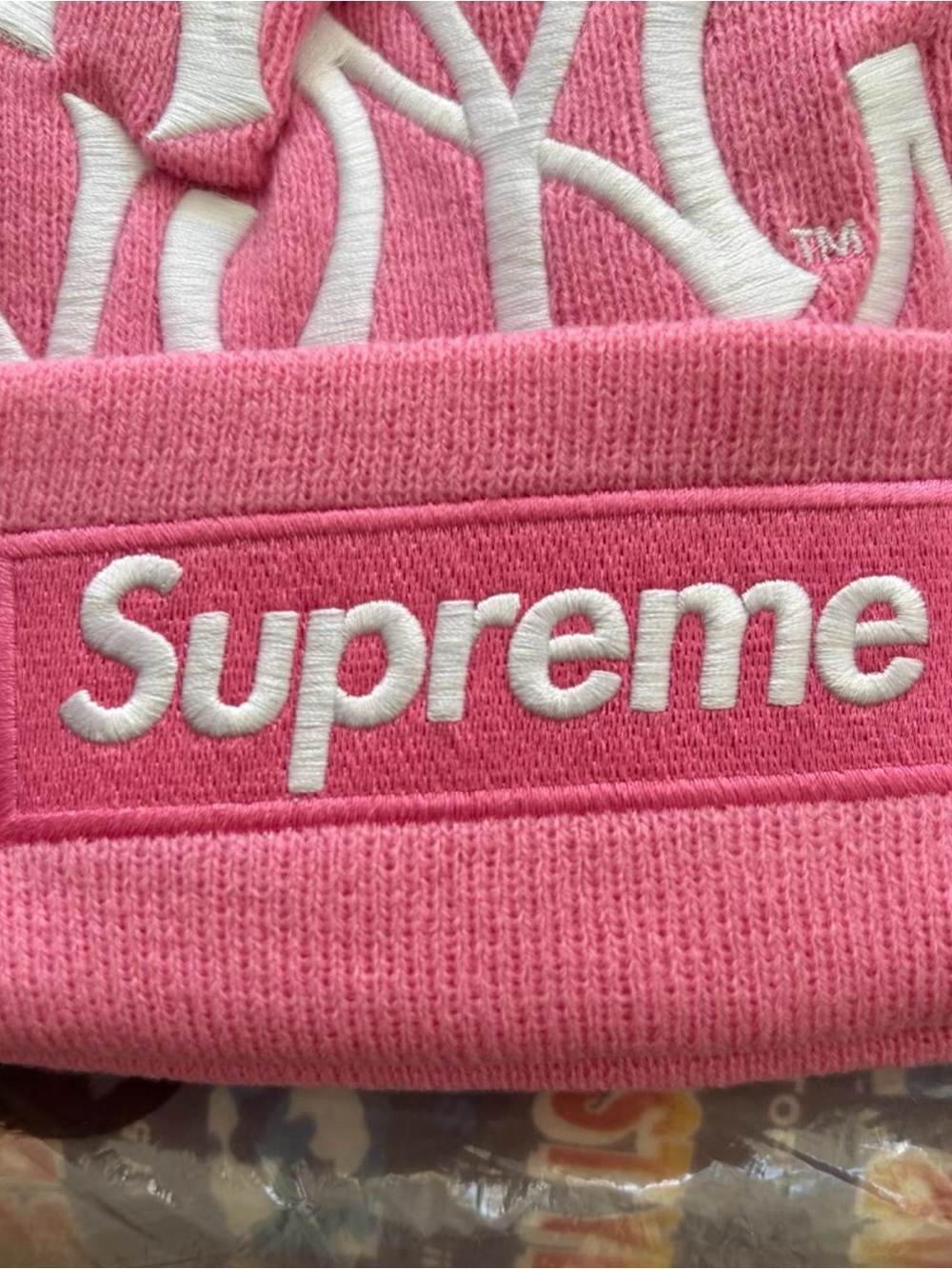 Supreme Pink Knit Beanie with White NY Logos - Picture 2 of 7